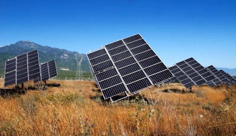 Solar panels on the grassland.